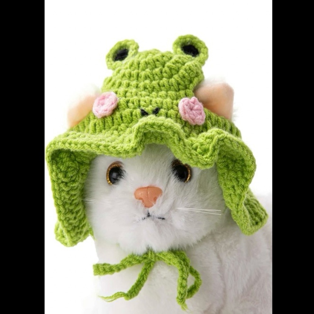 Green Crochet Cat Frog Hat with Pink Accents